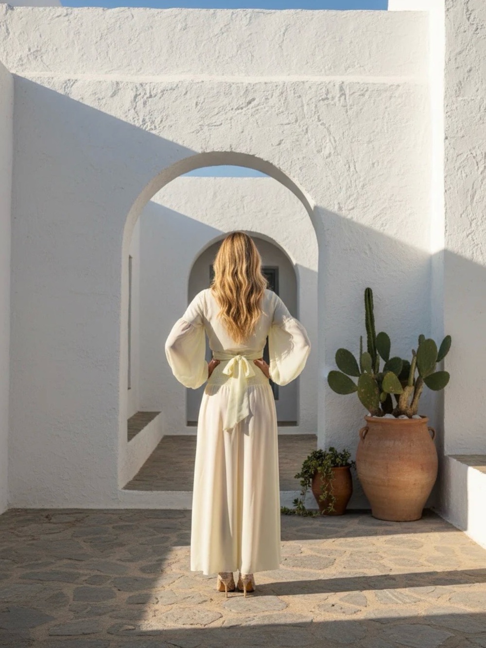 Cream Maxi Set with Tie-Back and Flowing Sleeves